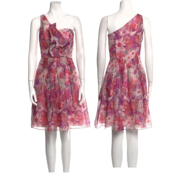 David Meister Pink Floral Watercolor Silk One Shoulder Knee Length Dress Size 2 - Picture 8 of 8